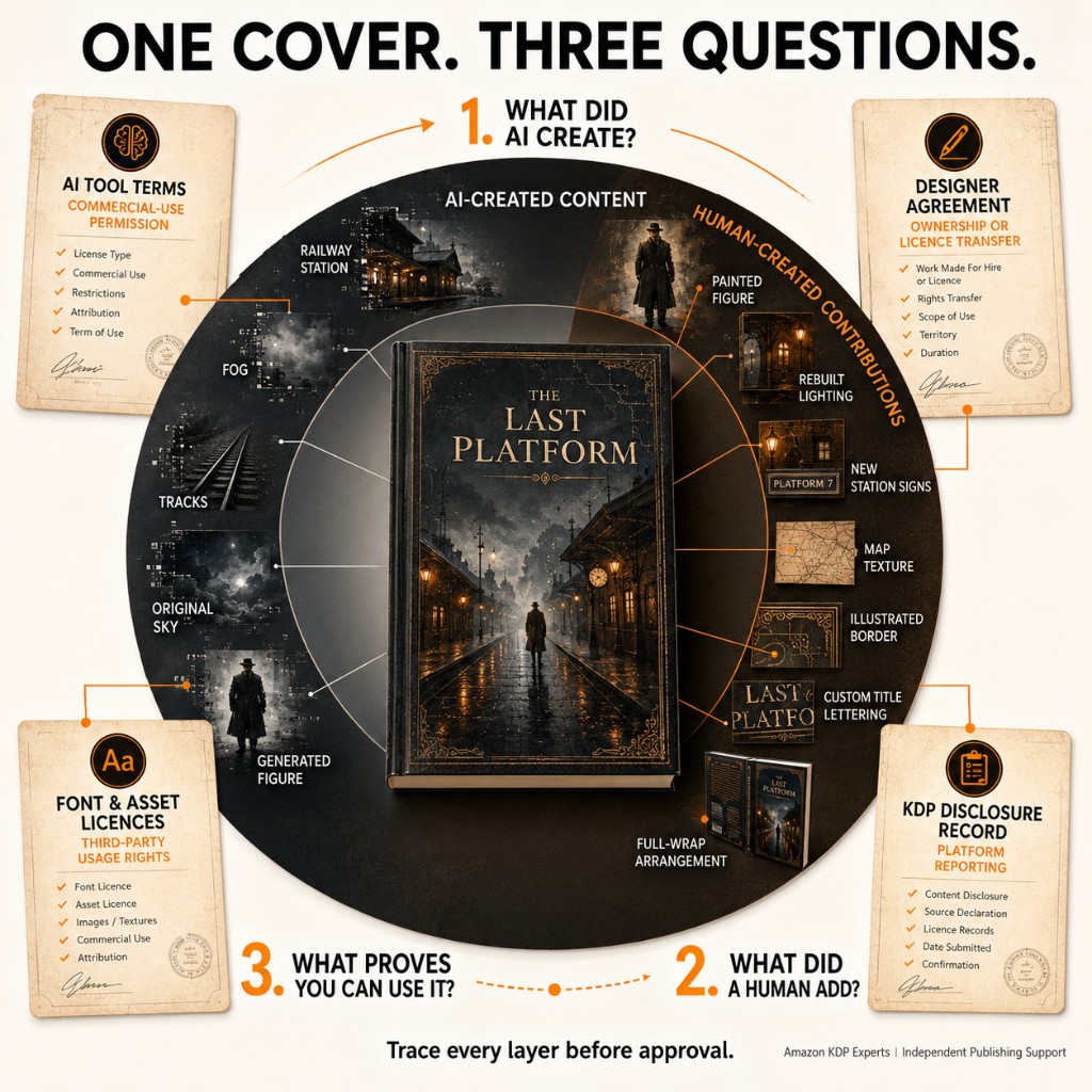 One cover, three questions: what did AI create, what did a human add, and what proves you can use it
