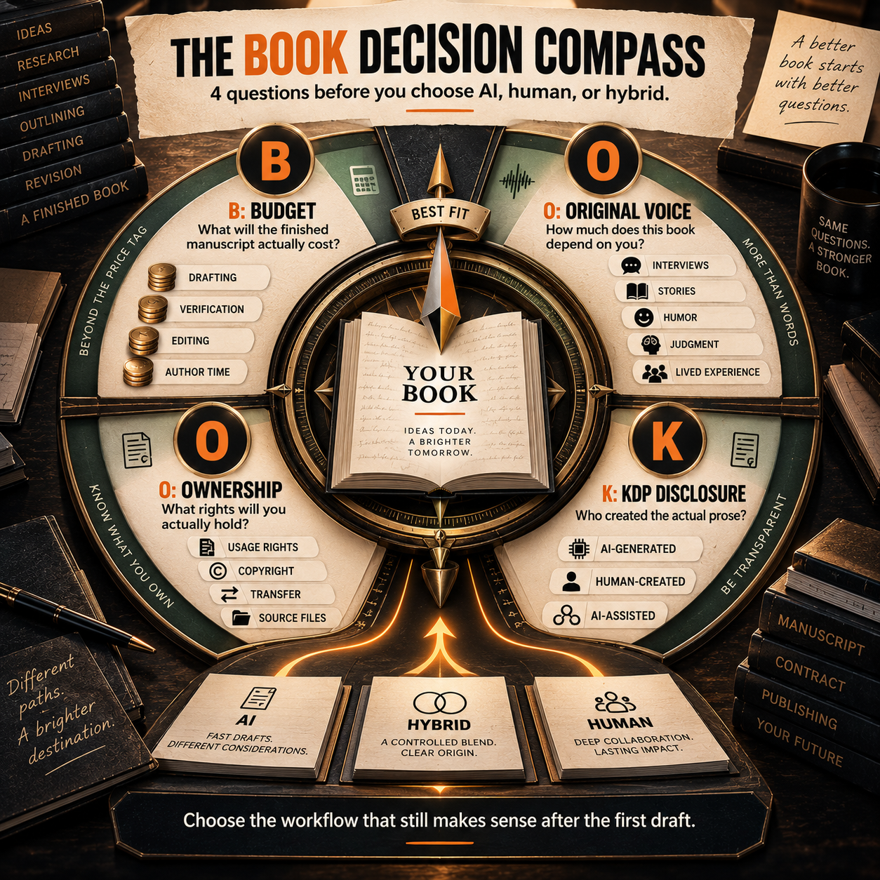 The BOOK decision compass: 4 questions before you choose AI, human, or hybrid
