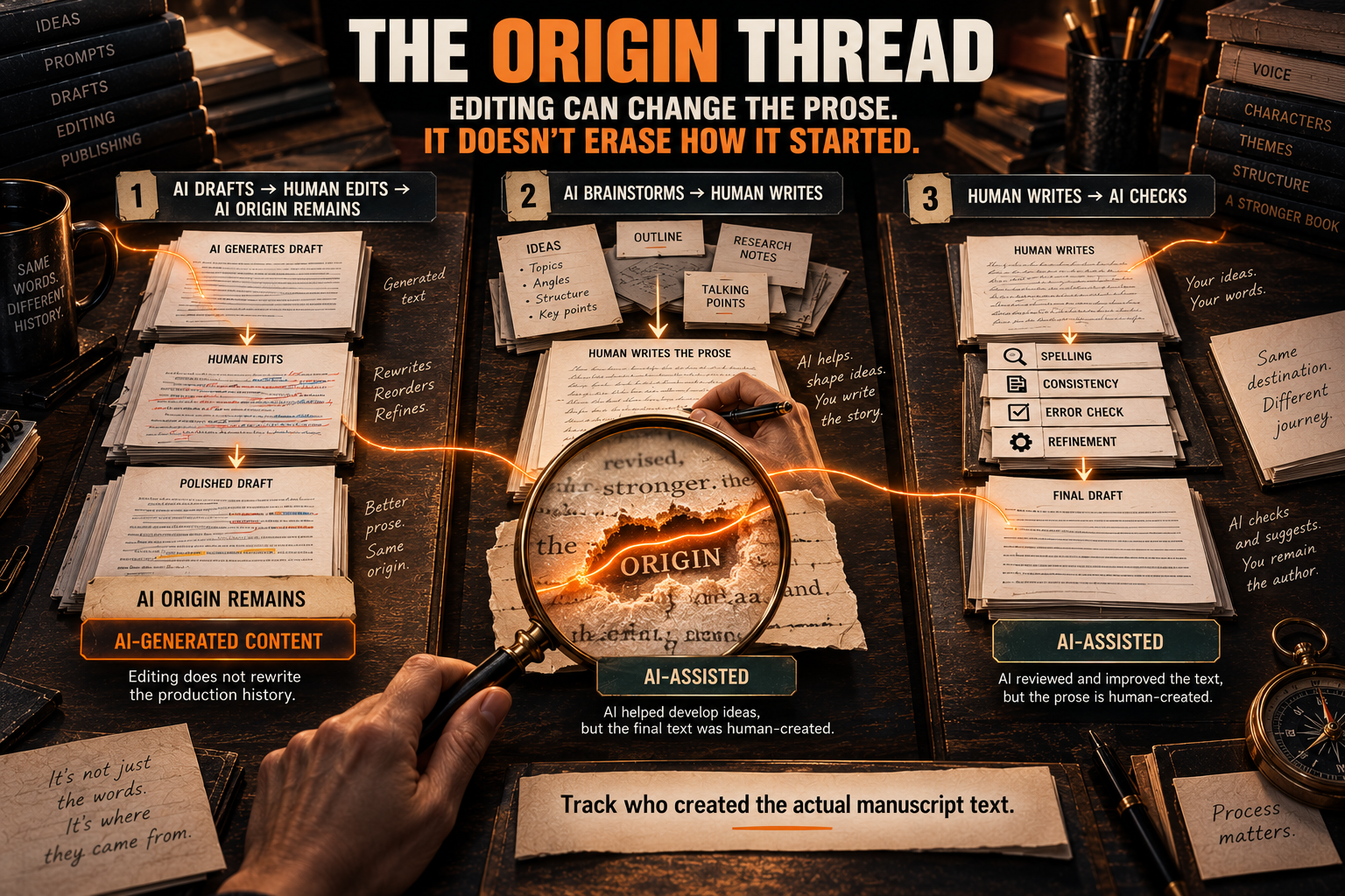 The origin thread: editing can change the prose, it does not erase how it started