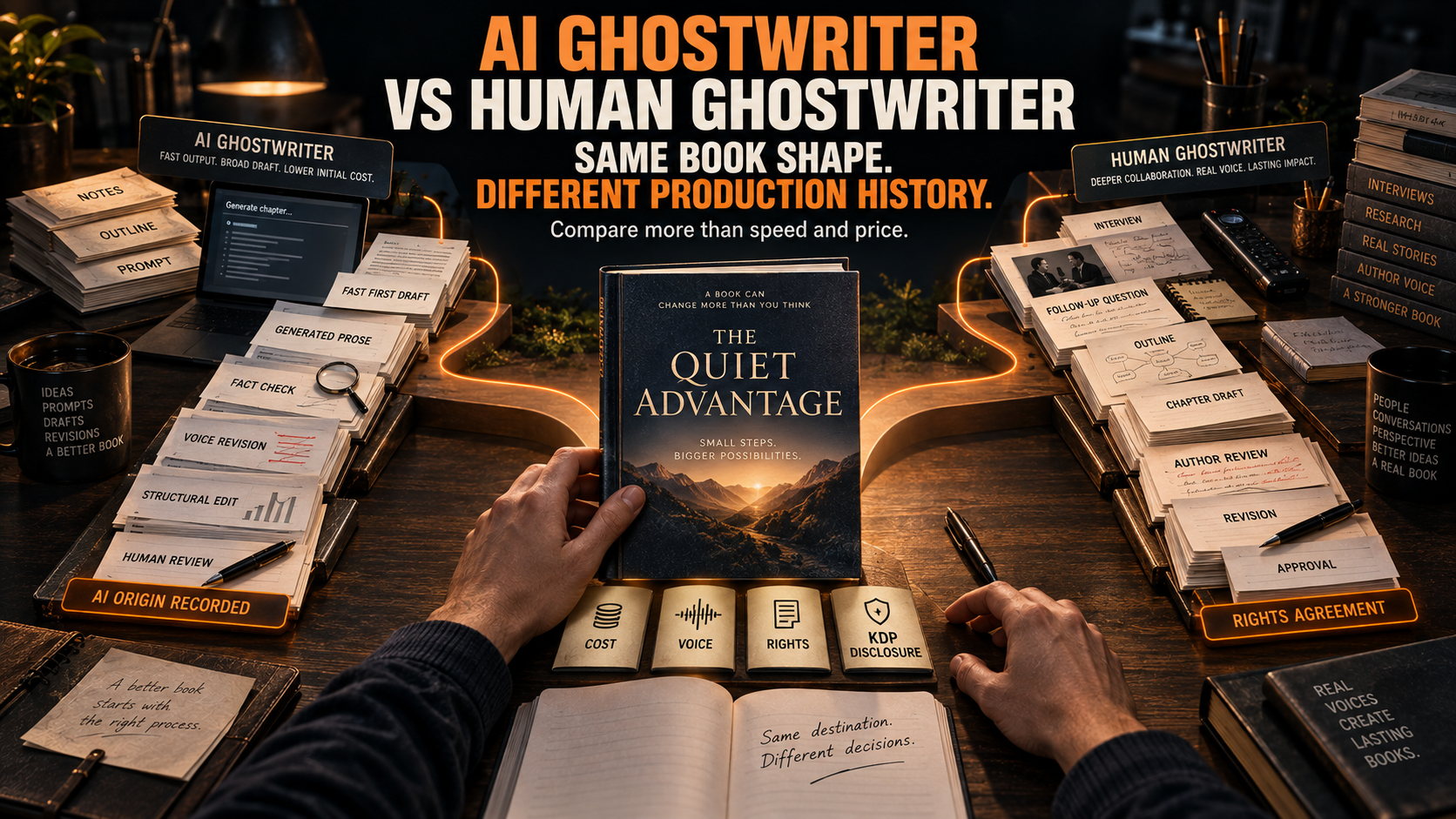 AI Ghostwriter vs Human Ghostwriter: Cost, Voice, Rights and KDP Disclosure