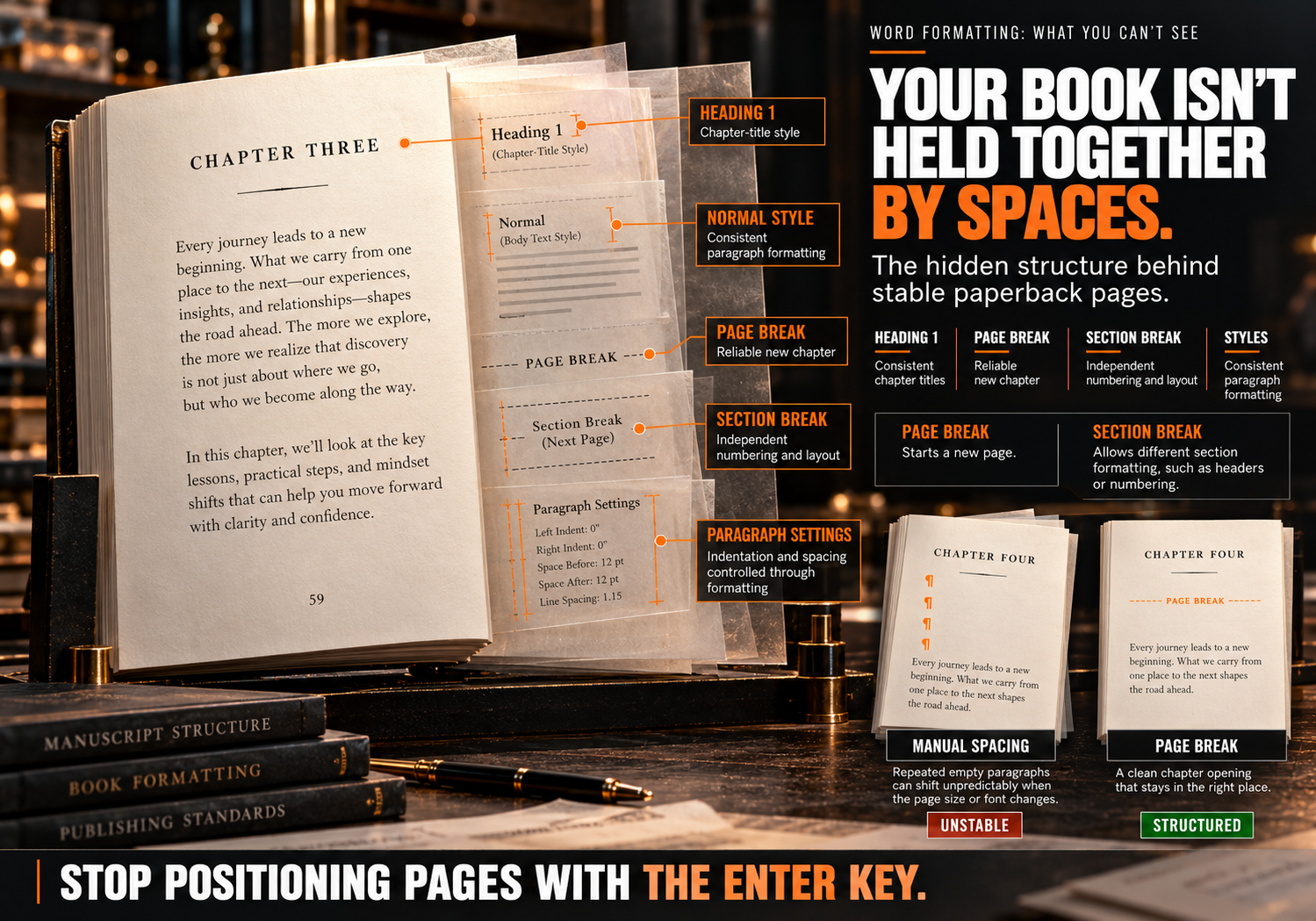 Your book isn't held together by spaces: Heading 1, Normal style, page breaks, and section breaks behind stable paperback pages