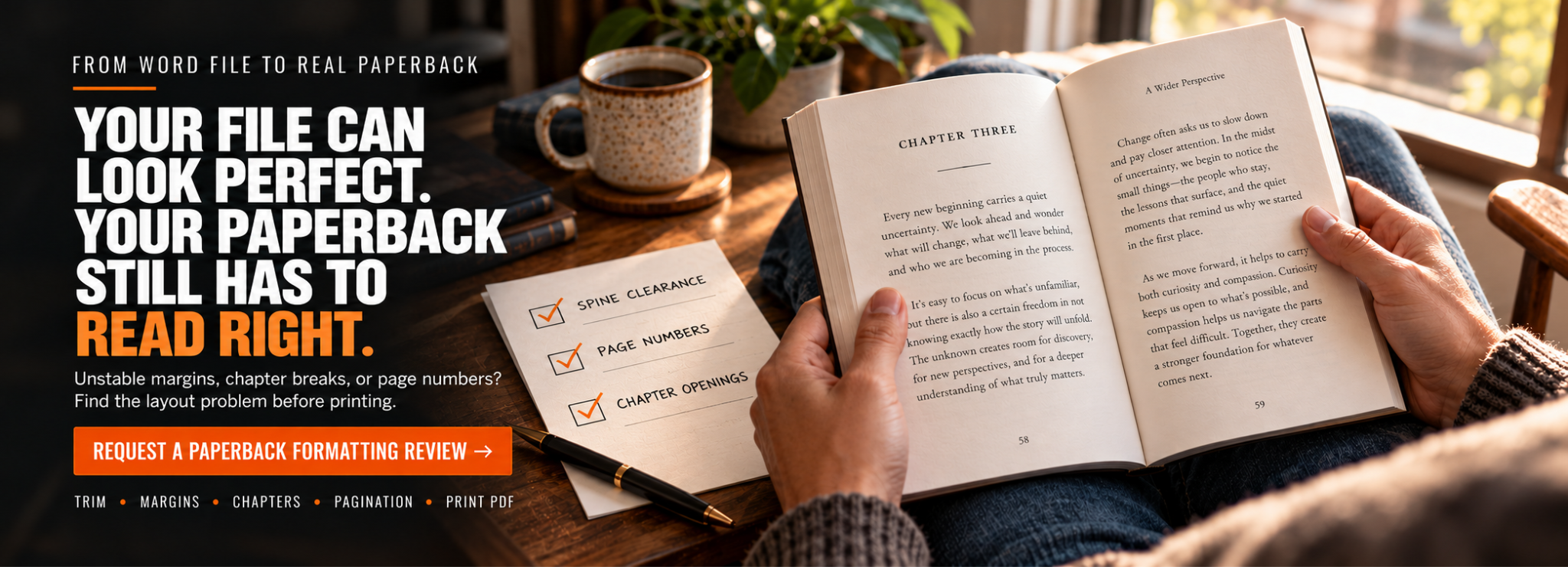 Your file can look perfect. Your paperback still has to read right. Request a paperback formatting review