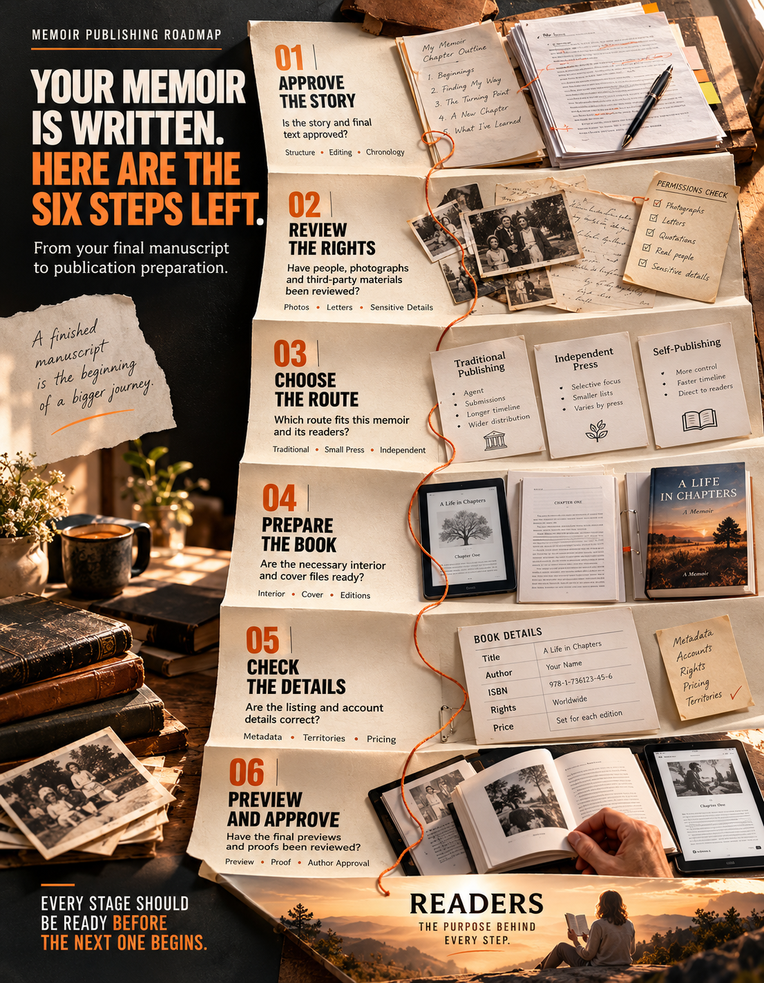 Memoir publishing roadmap: approve the story, review the rights, choose the route, prepare the book, check the details, then preview and approve
