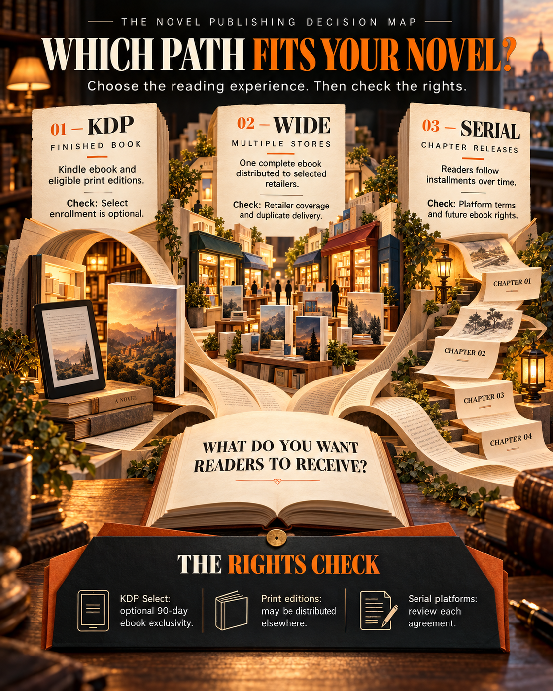 The novel publishing decision map: Amazon KDP for a finished book, wide distribution to multiple stores, or serial fiction released in chapters, plus the rights check for each route