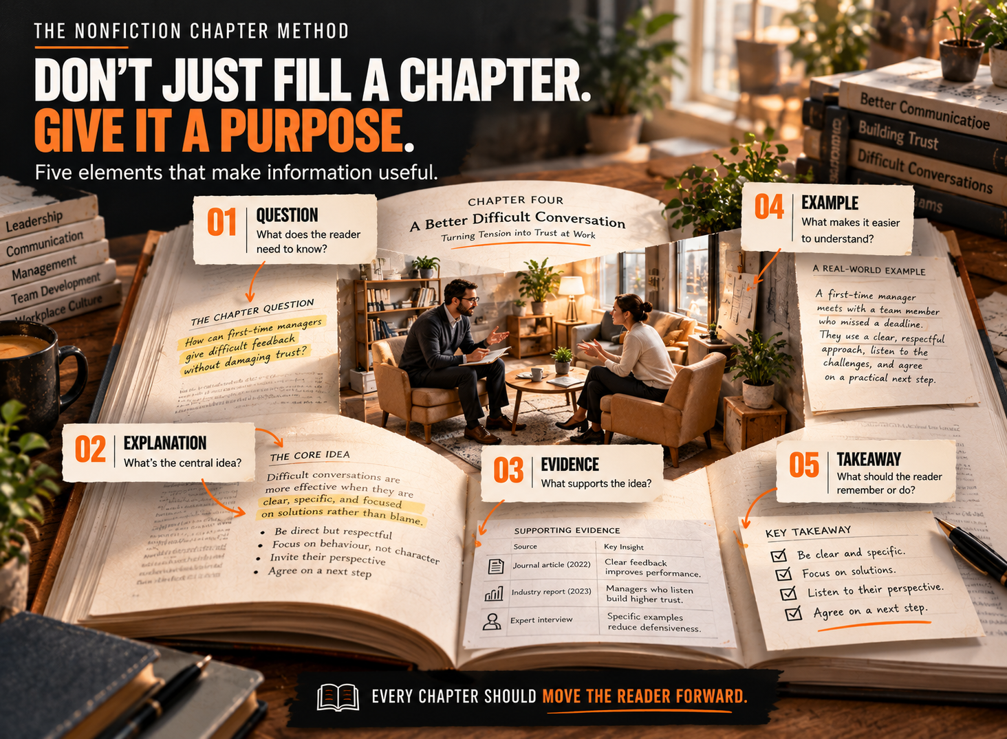 The nonfiction chapter method: question, explanation, evidence, example and takeaway, five elements that give every chapter a purpose