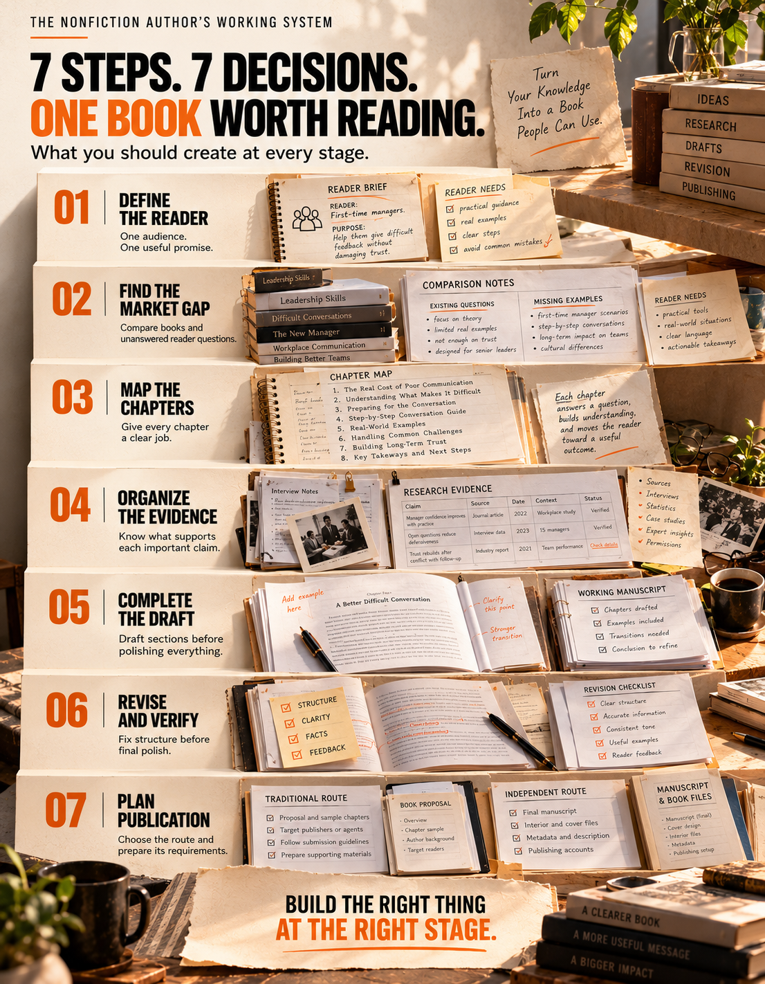 Nonfiction author working system: define the reader, find the market gap, map the chapters, organize the evidence, complete the draft, revise and verify, then plan publication