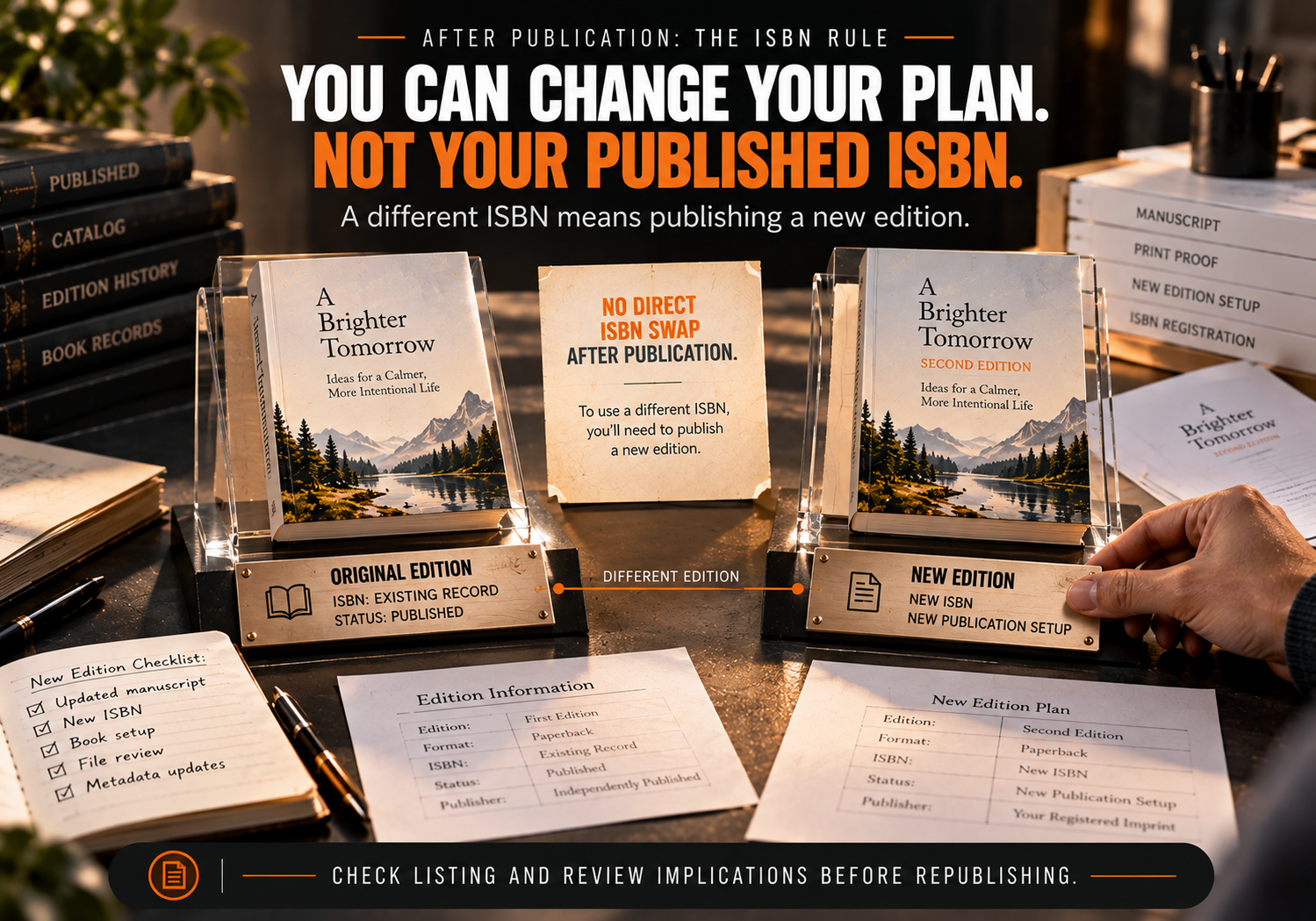 After publication the ISBN rule: you can change your plan, not your published ISBN. A different ISBN means publishing a new edition