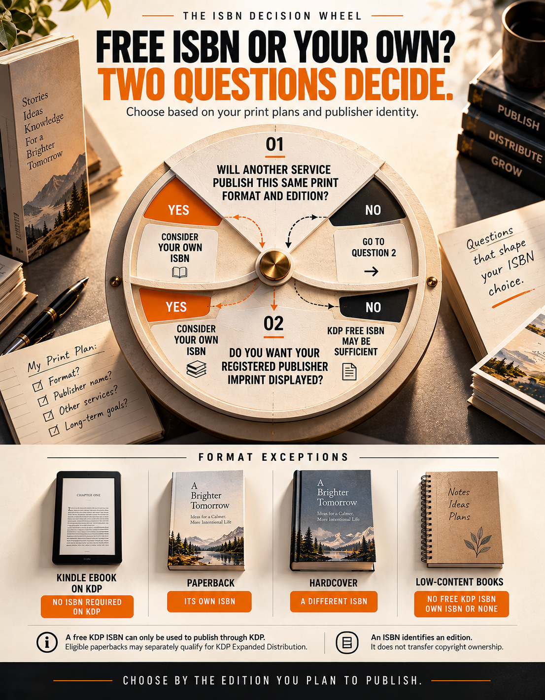 The ISBN decision wheel: free ISBN or your own? Two questions decide, based on print plans and publisher identity, with format exceptions for Kindle ebook, paperback, hardcover, and low-content books