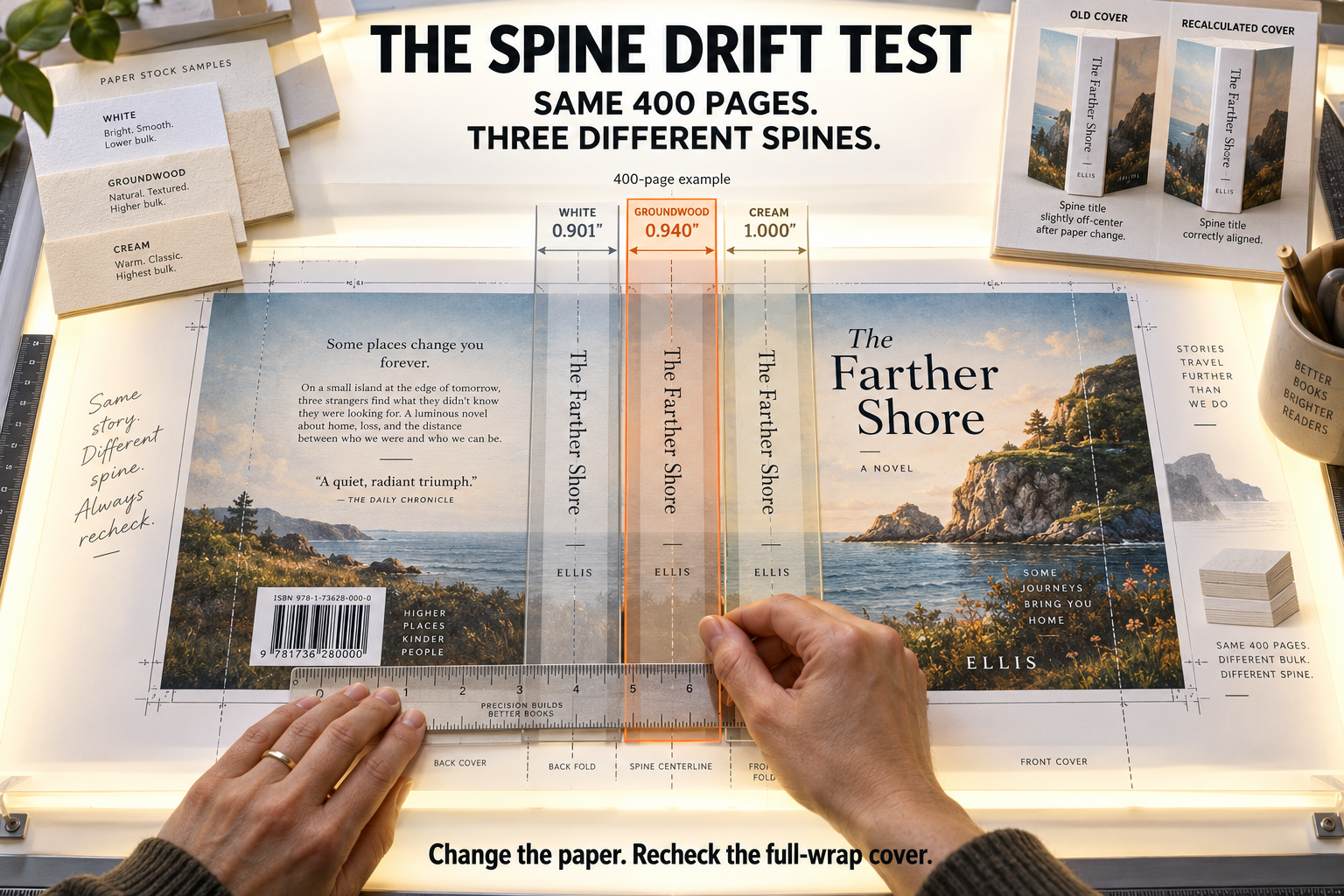 The spine drift test: same 400 pages, three different spines