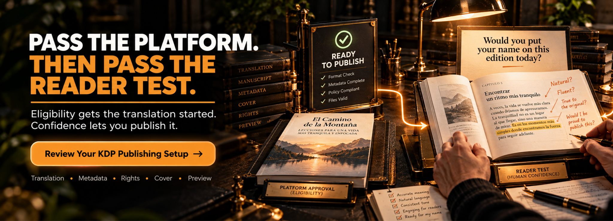 Pass the platform, then pass the reader test: eligibility starts the translation, confidence lets you publish it