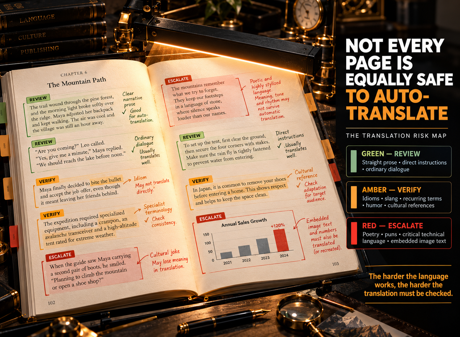 Translation risk map marking book passages green for review, amber for verification and red for escalation