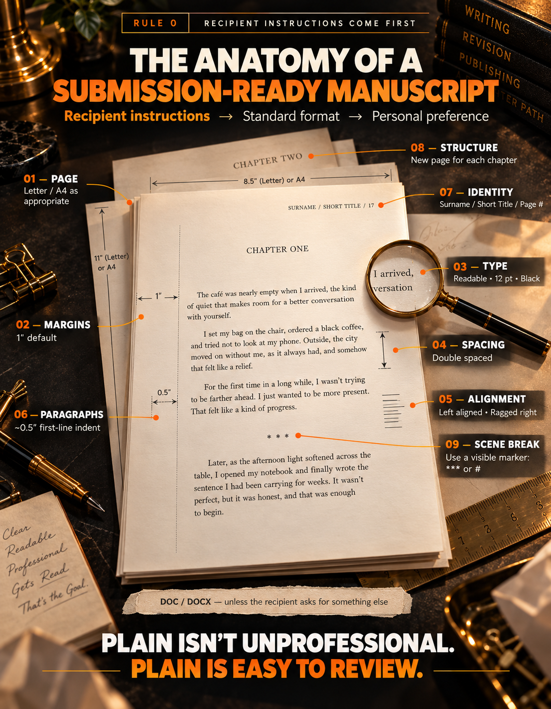 The anatomy of a submission-ready novel manuscript: page size, margins, type, spacing, alignment, indents, header, chapter structure and scene breaks