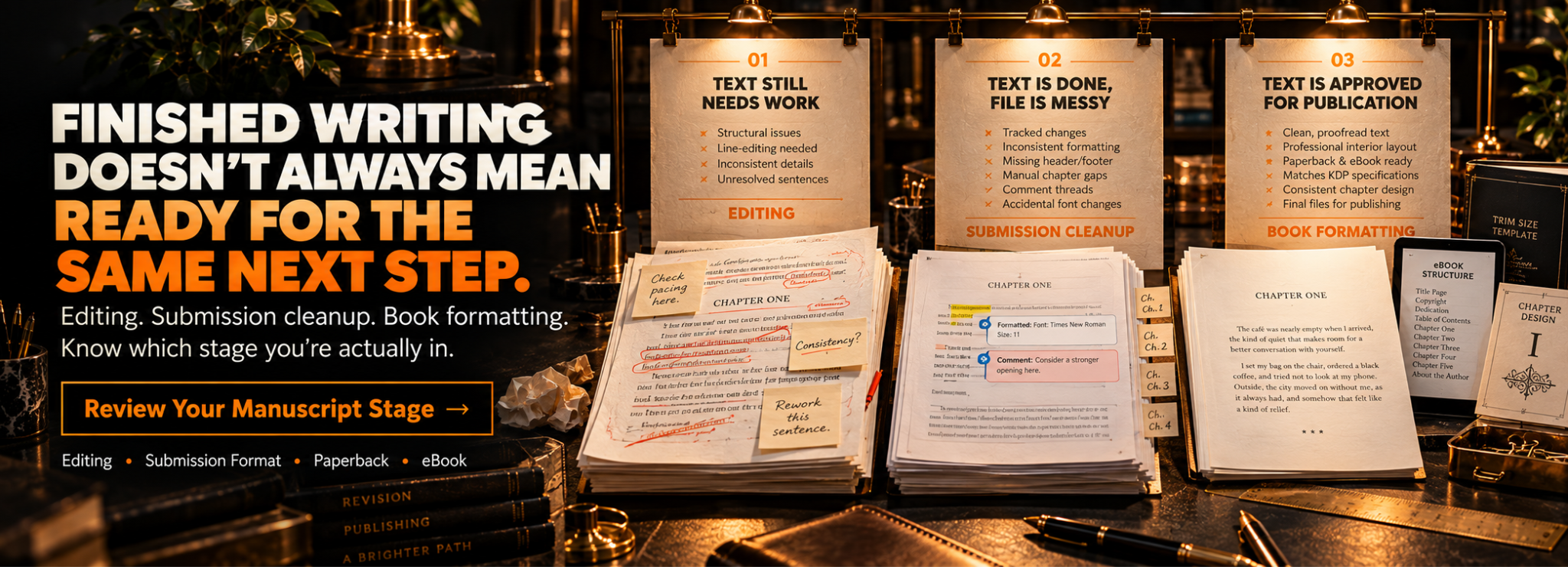 Editing, submission cleanup or book formatting: identify which stage your finished manuscript is actually in