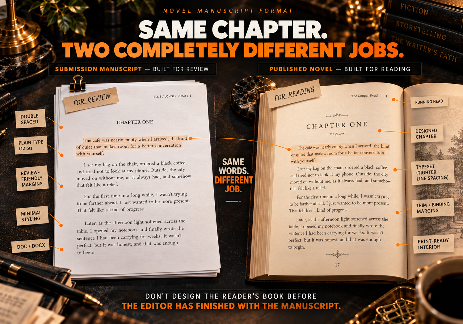 Same chapter, two jobs: a submission manuscript built for review compared with a published novel interior built for reading