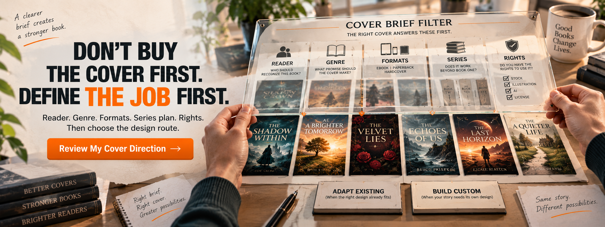 Don't buy the cover first. Define the job first: reader, genre, formats, series plan and rights