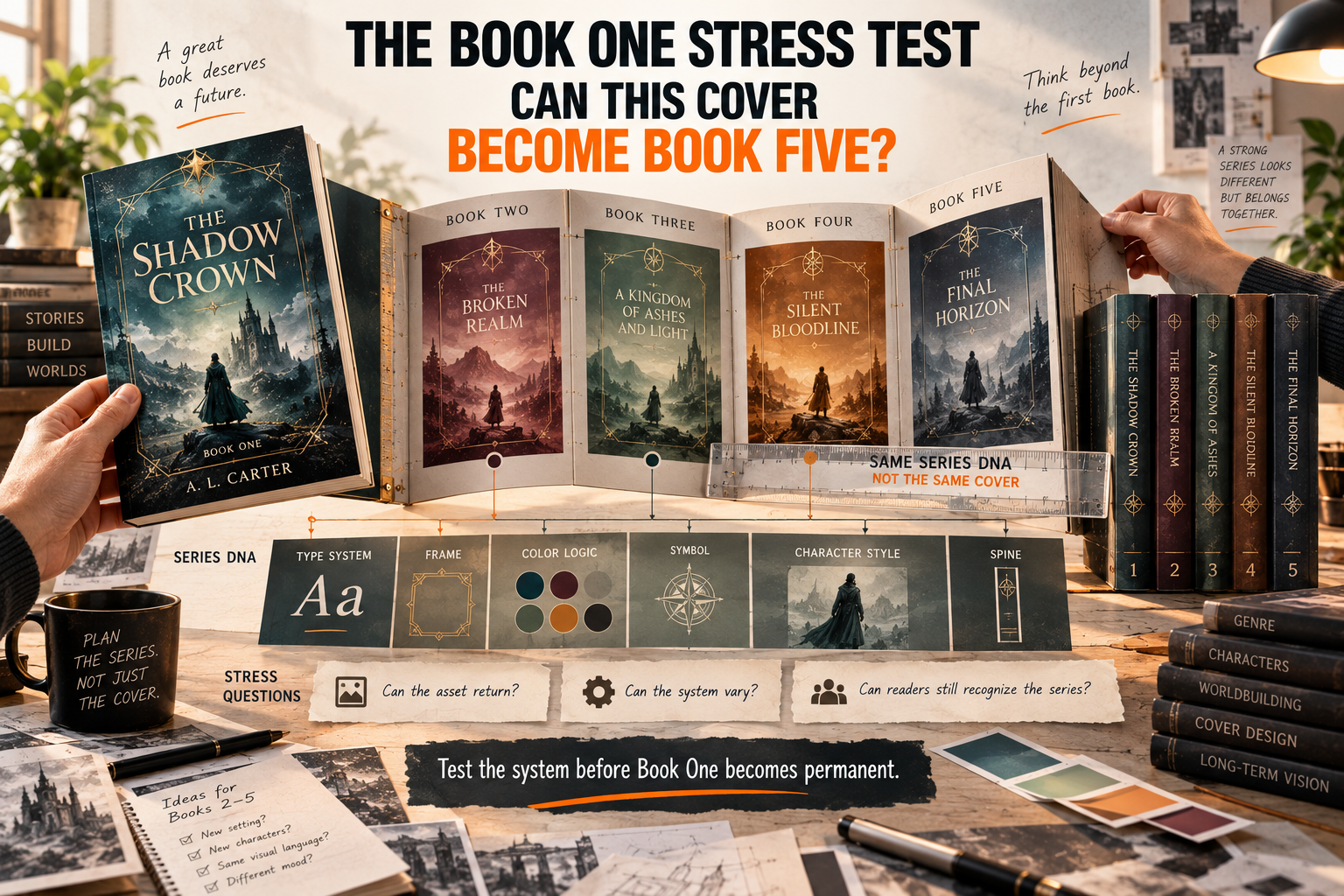 The Book One stress test: can this cover become Book Five? Test the series system before Book One becomes permanent