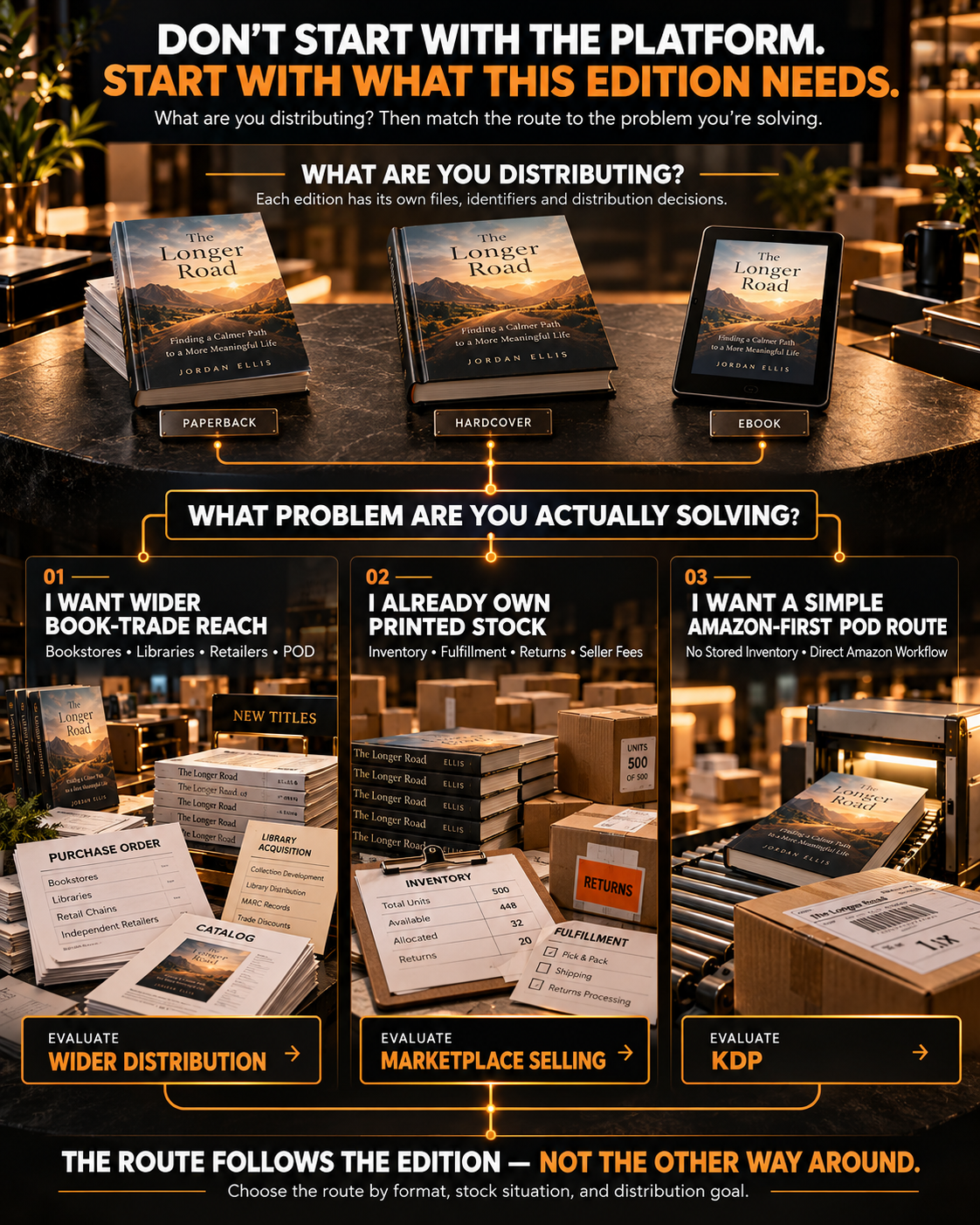 Start with what the edition needs: wider book-trade reach, already-owned printed stock, or a simple Amazon-first print-on-demand route