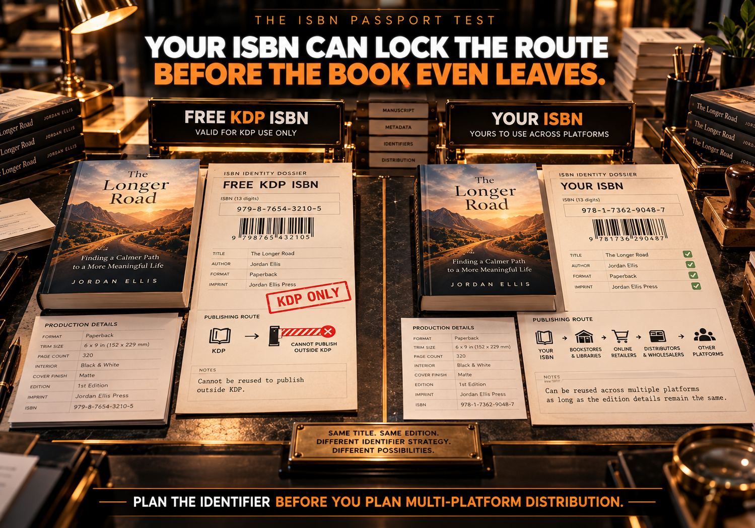 ISBN passport test comparing a free KDP-only ISBN with an author-owned ISBN that can be used across platforms