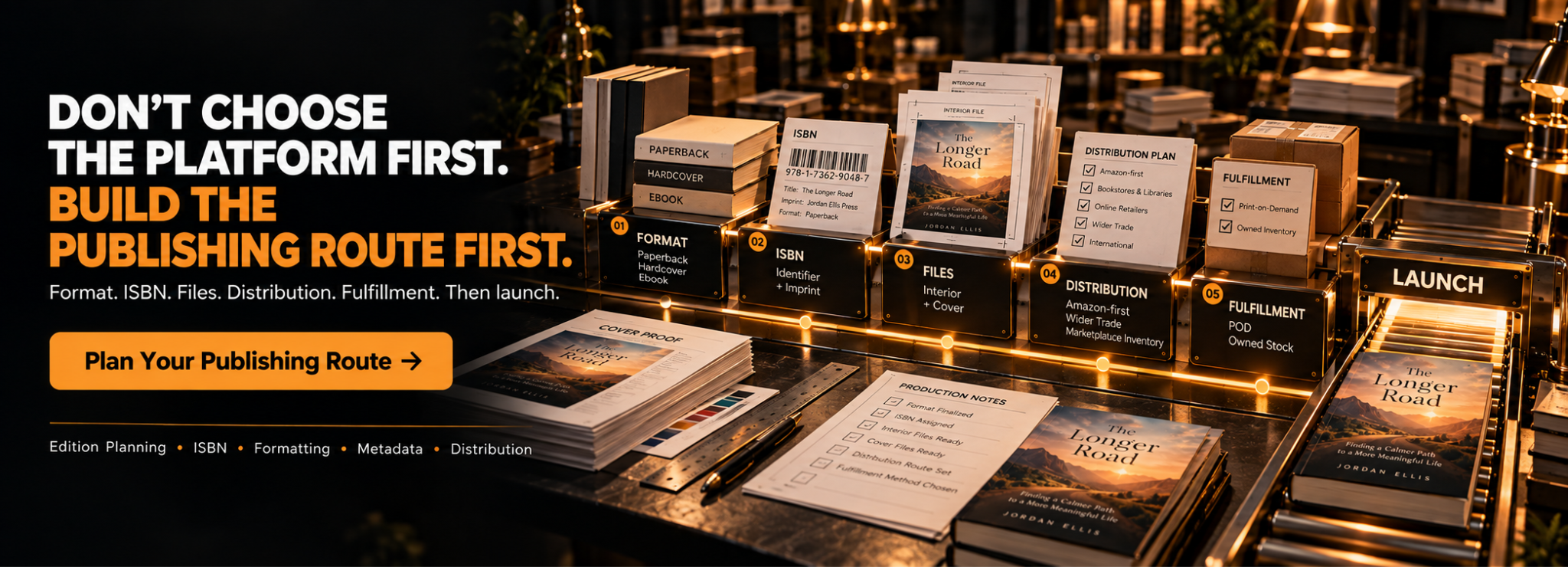 Build the publishing route first: format, ISBN, files, distribution and fulfillment before launch