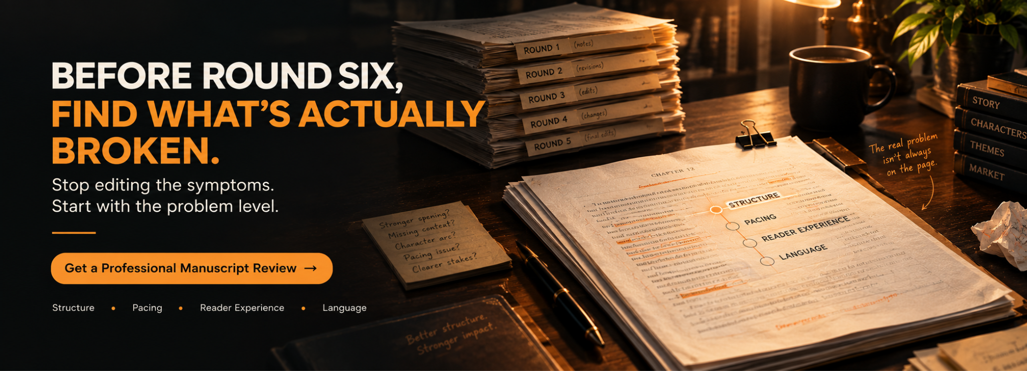 Before self-edit round six, find the broken layer: structure, pacing, reader experience or language
