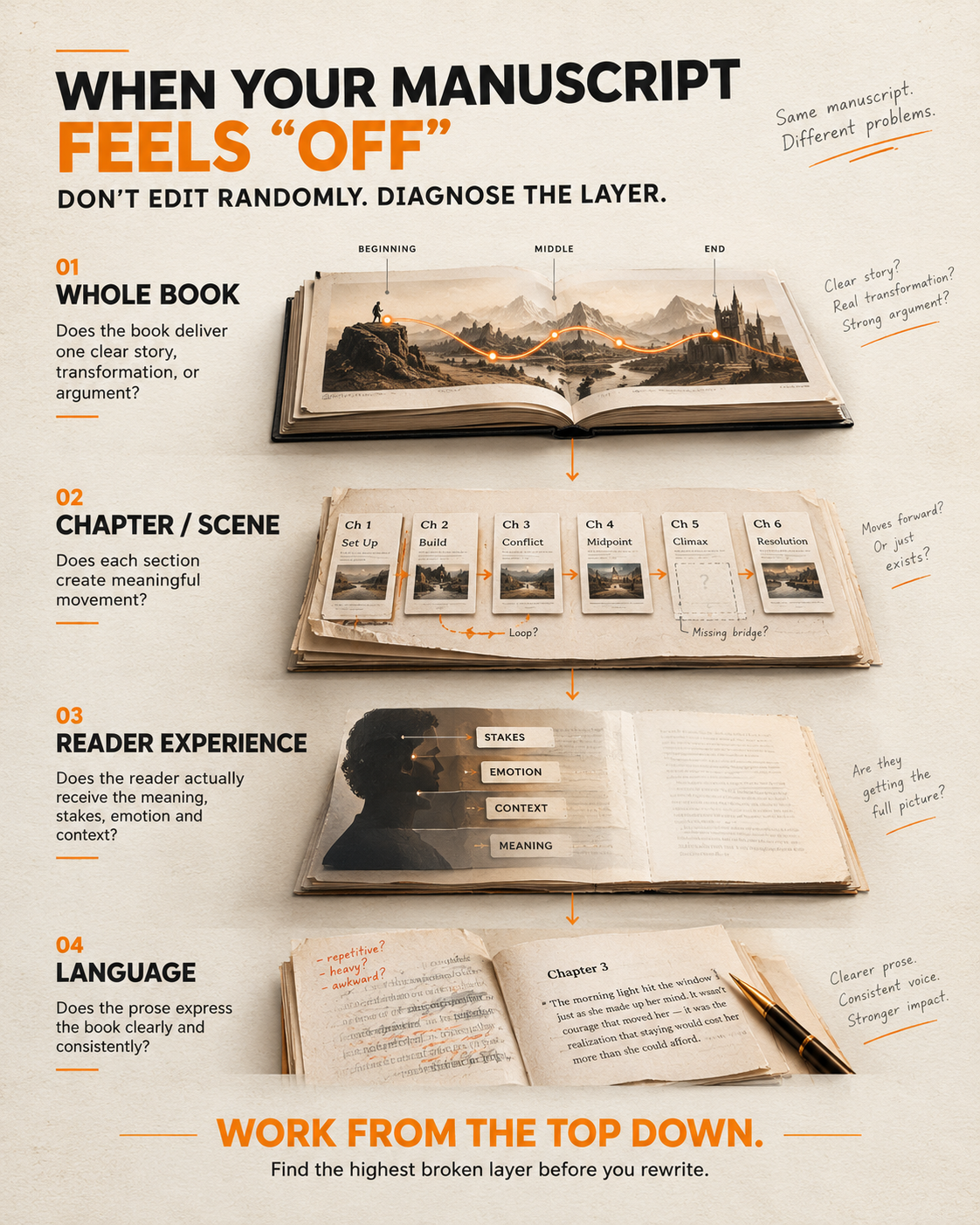 Four-layer manuscript diagnosis: whole book, chapter or scene, reader experience and language, worked from the top down